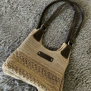 Crochet tan mini bag brown faux leather strap double pocket frankie & jonnie